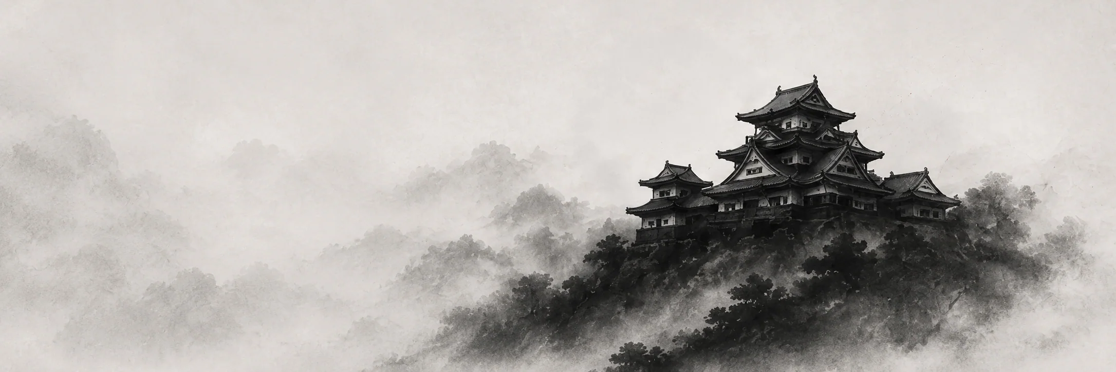 Japanese castle in mist with crimson enso